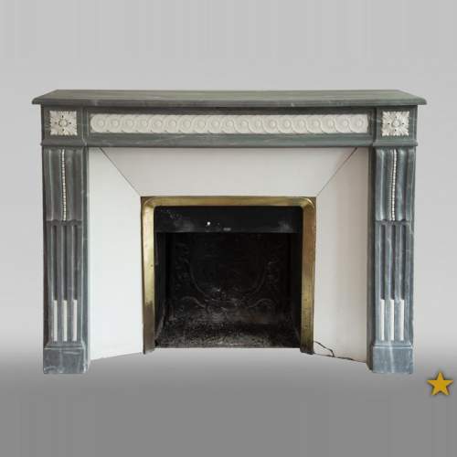 Antique Louis XVI style fireplace in Bleu Turquin marble and statuary marble