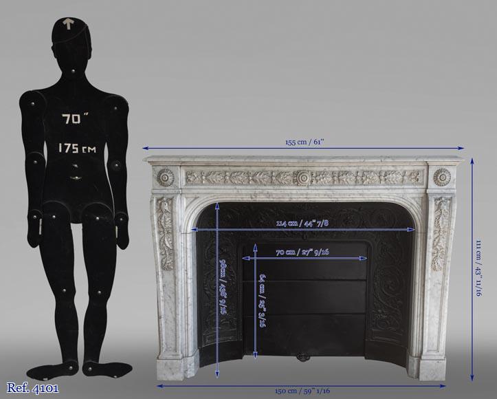 Antique Napoleon III style fireplace in Carrara marble carved with oak leaves Antique Napoleon III style fireplace in Carrara marble carved with oak leaves-7