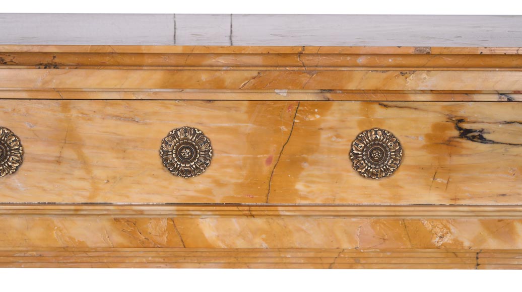 Empire style fireplace in Sienna yellow marble with columns and gilt bronze rosettes Empire style fireplace in Sienna yellow marble with columns and gilt bronze rosettes-1