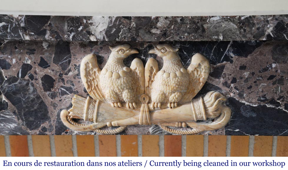 Antique Empire style mantel in Breche de Waulsort and alabaster decors Antique Empire style mantel in Breche de Waulsort and alabaster decors-1