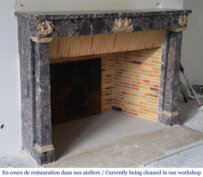 Antique Empire style mantel in Breche de Waulsort and alabaster decors Antique Empire style mantel in Breche de Waulsort and alabaster decors-2