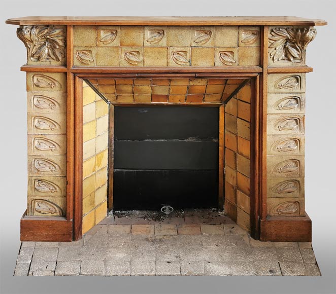 Gentil & Bourdet (attributed to), Antique Art Nouveau oak and stoneware mantel Gentil & Bourdet (attributed to), Antique Art Nouveau oak and stoneware mantel-0