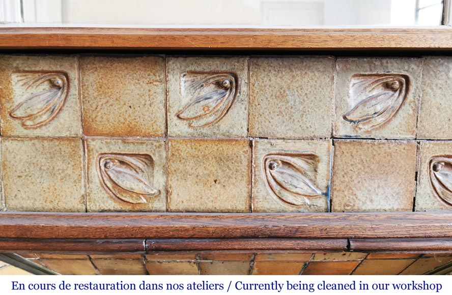 Gentil & Bourdet (attributed to), Antique Art Nouveau oak and stoneware mantel Gentil & Bourdet (attributed to), Antique Art Nouveau oak and stoneware mantel-1