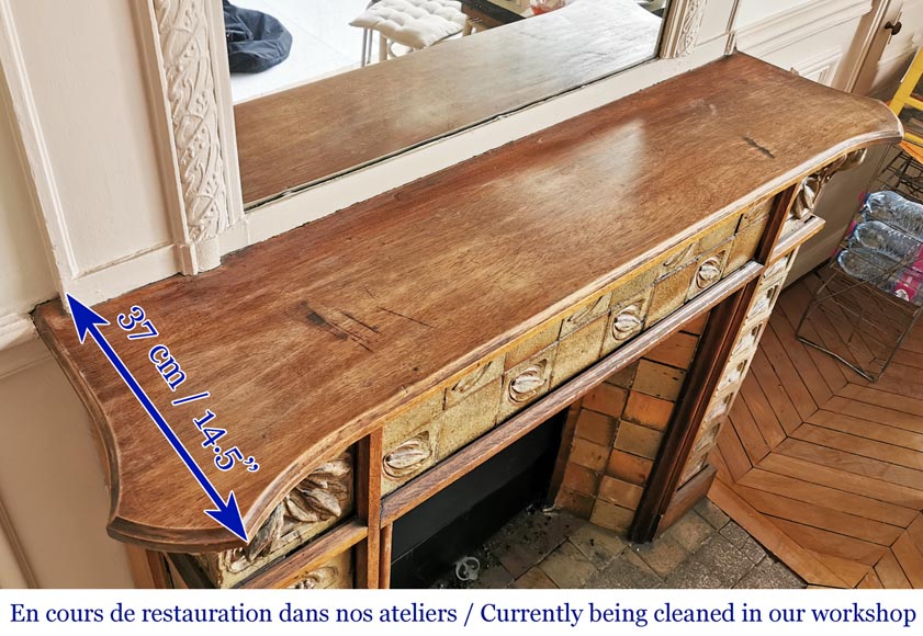 Gentil & Bourdet (attributed to), Antique Art Nouveau oak and stoneware mantel Gentil & Bourdet (attributed to), Antique Art Nouveau oak and stoneware mantel-3