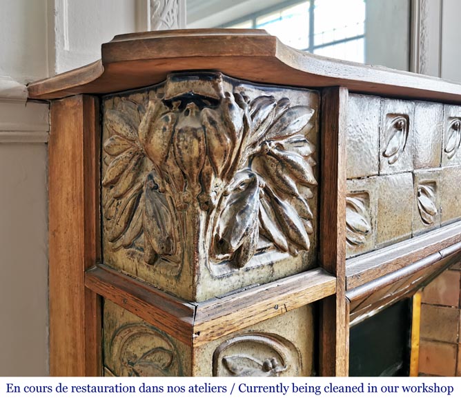 Gentil & Bourdet (attributed to), Antique Art Nouveau oak and stoneware mantel Gentil & Bourdet (attributed to), Antique Art Nouveau oak and stoneware mantel-4