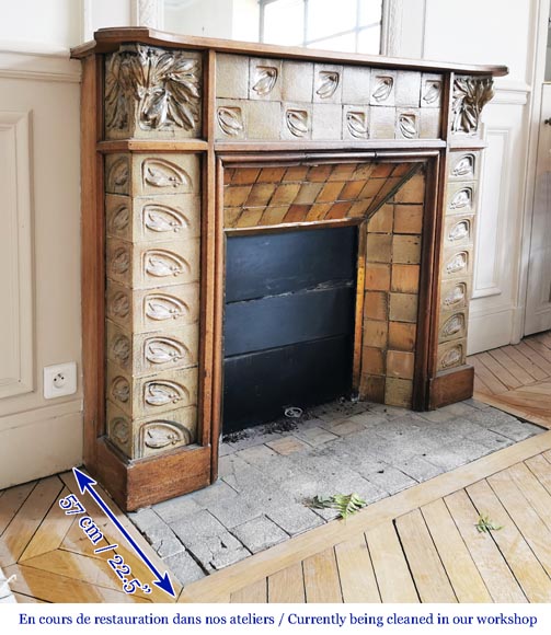 Gentil & Bourdet (attributed to), Antique Art Nouveau oak and stoneware mantel Gentil & Bourdet (attributed to), Antique Art Nouveau oak and stoneware mantel-7