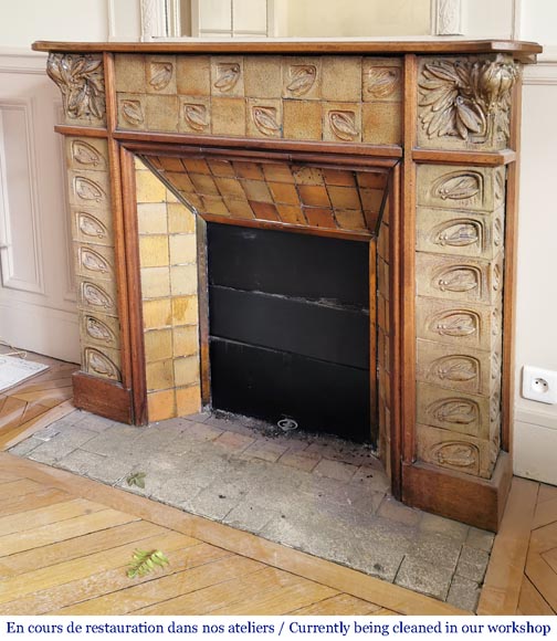 Gentil & Bourdet (attributed to), Antique Art Nouveau oak and stoneware mantel Gentil & Bourdet (attributed to), Antique Art Nouveau oak and stoneware mantel-8