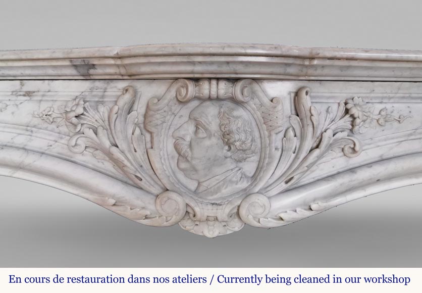 Rich and original Napoleon III fireplace in Carrara marble with caryatids and a man's profile Rich and original Napoleon III fireplace in Carrara marble with caryatids and a man's profile-1