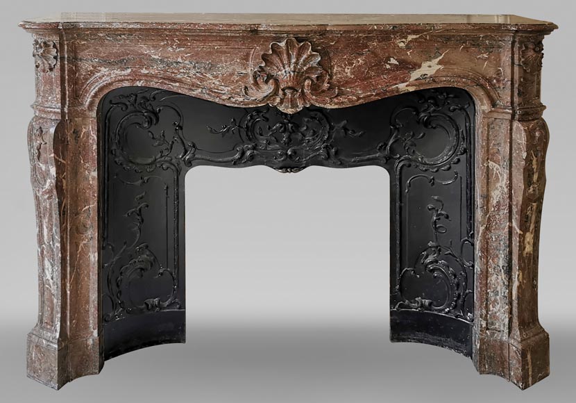 Important Louis XV style fireplace with three shells in Rouge du Nord marble Important Louis XV style fireplace with three shells in Rouge du Nord marble-0