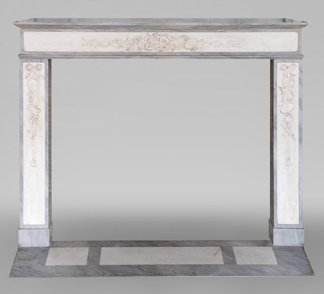 Louis XVI style mantel in statuary and Blue Turquin marbles with music instruments Louis XVI style mantel in statuary and Blue Turquin marbles with music instruments-0