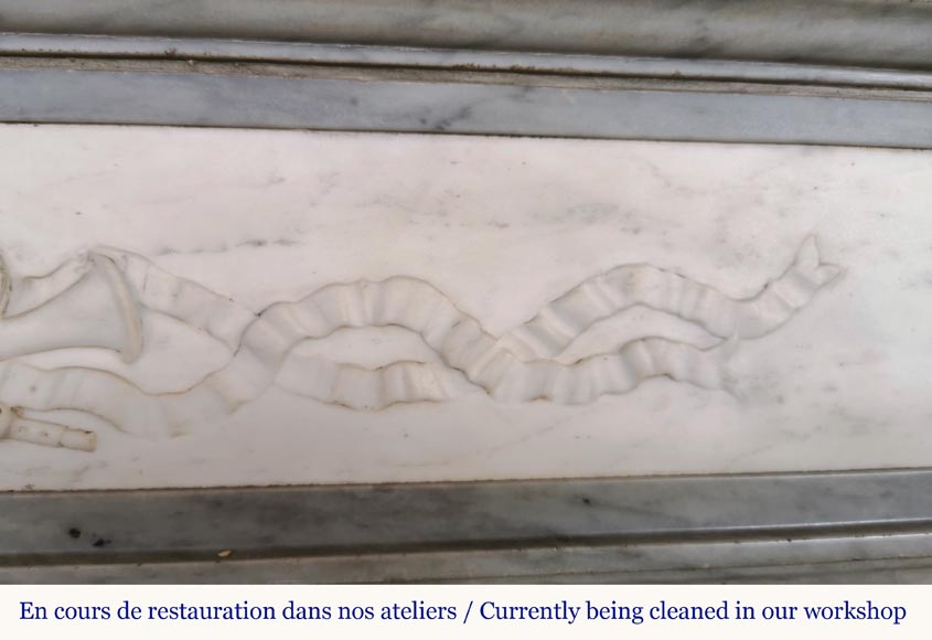 Louis XVI style mantel in statuary and Blue Turquin marbles with music instruments Louis XVI style mantel in statuary and Blue Turquin marbles with music instruments-4