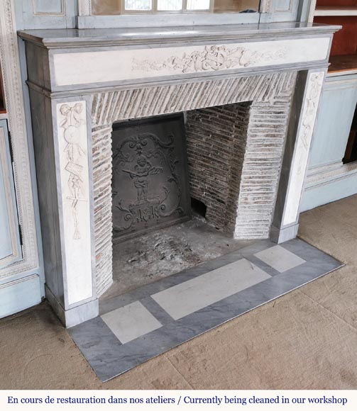 Louis XVI style mantel in statuary and Blue Turquin marbles with music instruments Louis XVI style mantel in statuary and Blue Turquin marbles with music instruments-5