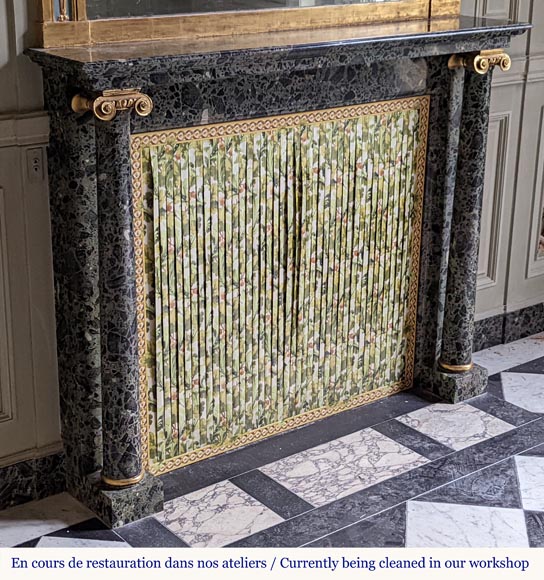 Directoire style mantel with columns in wood painted as a trompe l'oeil  of Antique Green marble Directoire style mantel with columns in wood painted as a trompe l'oeil  of Antique Green marble-2