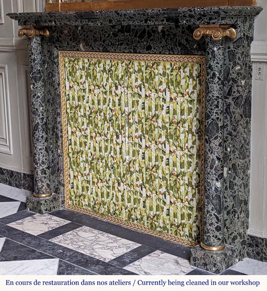 Directoire style mantel with columns in wood painted as a trompe l'oeil  of Antique Green marble Directoire style mantel with columns in wood painted as a trompe l'oeil  of Antique Green marble-6
