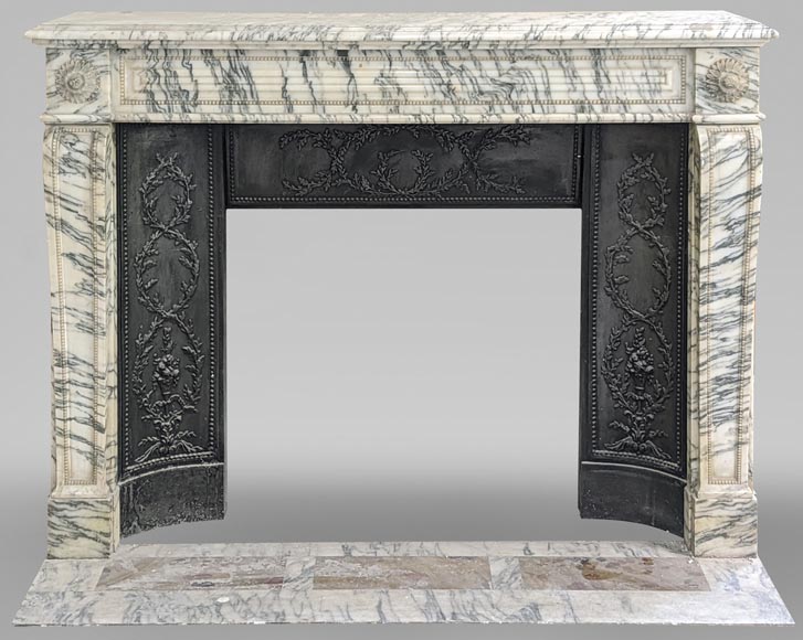 Louis XVI style fireplace with peals edges in veined Carrara marble Louis XVI style fireplace with peals edges in veined Carrara marble-0