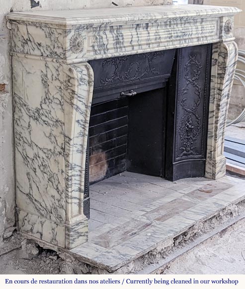 Louis XVI style fireplace with peals edges in veined Carrara marble Louis XVI style fireplace with peals edges in veined Carrara marble-2