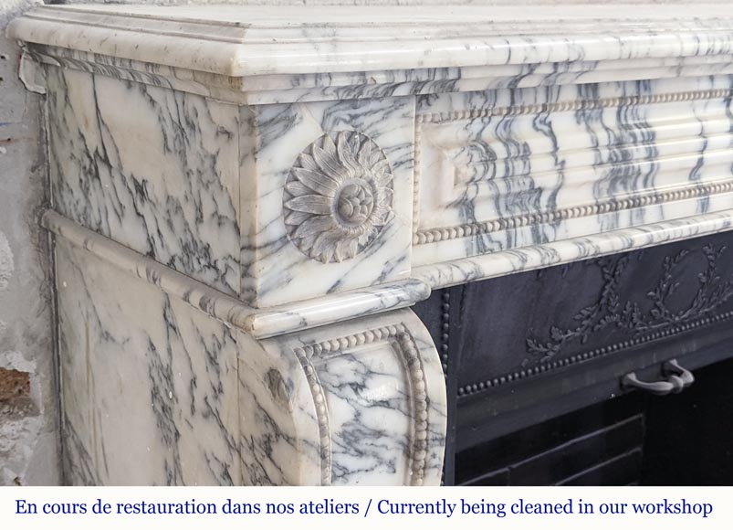 Louis XVI style fireplace with peals edges in veined Carrara marble Louis XVI style fireplace with peals edges in veined Carrara marble-3