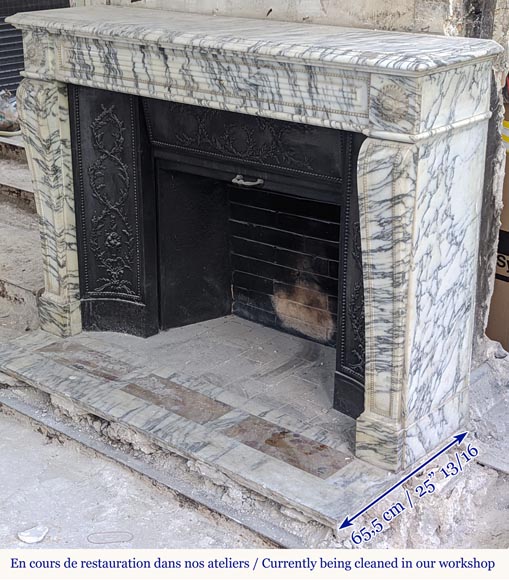 Louis XVI style fireplace with peals edges in veined Carrara marble Louis XVI style fireplace with peals edges in veined Carrara marble-6