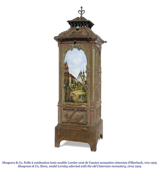Musgrave & Co mannheim - Enameled cast iron stove adorned with views of important buildings in the Palatinate, Germany, circa 1900 Musgrave & Co mannheim - Enameled cast iron stove adorned with views of important buildings in the Palatinate, Germany, circa 1900-1