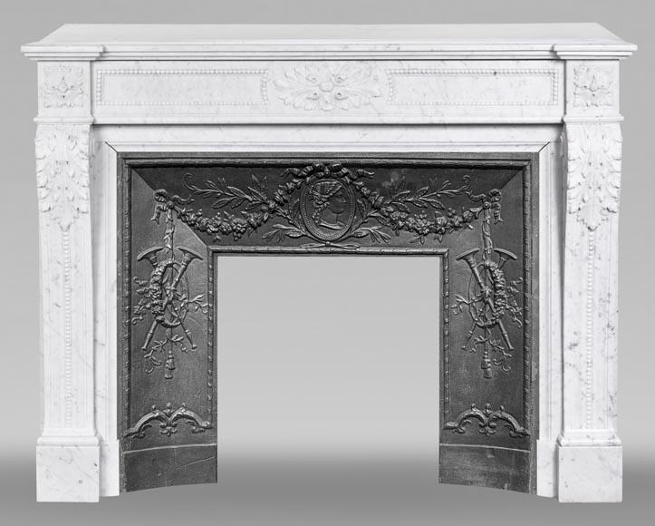 Louis XVI style fireplace with acanthus leaves and beading, in Carrara marble Louis XVI style fireplace with acanthus leaves and beading, in Carrara marble-0