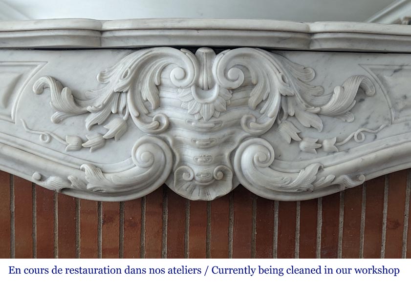 Large Louis XV style Carrara marble mantel with rich decoration Large Louis XV style Carrara marble mantel with rich decoration-1