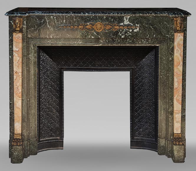 Empire style mantel in Vert de Mer marble with bronze Egyptian ornaments Empire style mantel in Vert de Mer marble with bronze Egyptian ornaments-0