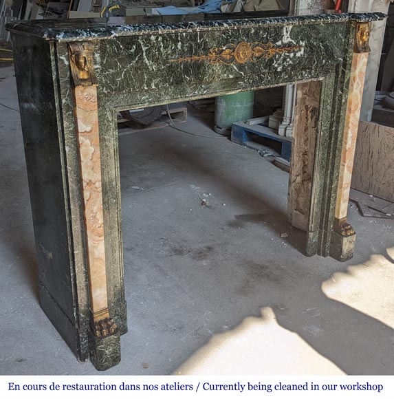 Empire style mantel in Vert de Mer marble with bronze Egyptian ornaments Empire style mantel in Vert de Mer marble with bronze Egyptian ornaments-4