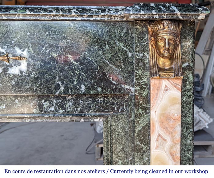 Empire style mantel in Vert de Mer marble with bronze Egyptian ornaments Empire style mantel in Vert de Mer marble with bronze Egyptian ornaments-8
