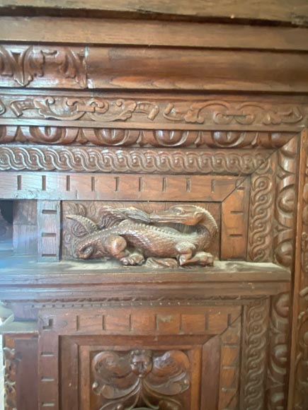 Important Neo-Renaissance syle mantel carved in walnut wood and oak Important Neo-Renaissance syle mantel carved in walnut wood and oak-16