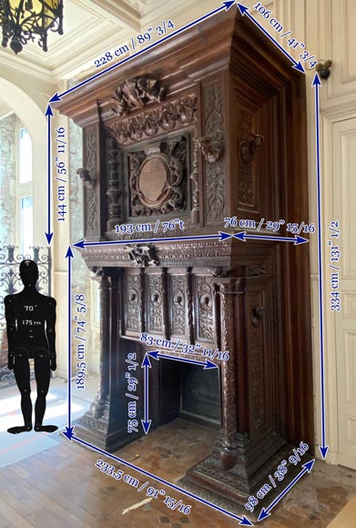 Important Neo-Renaissance syle mantel carved in walnut wood and oak Important Neo-Renaissance syle mantel carved in walnut wood and oak-18