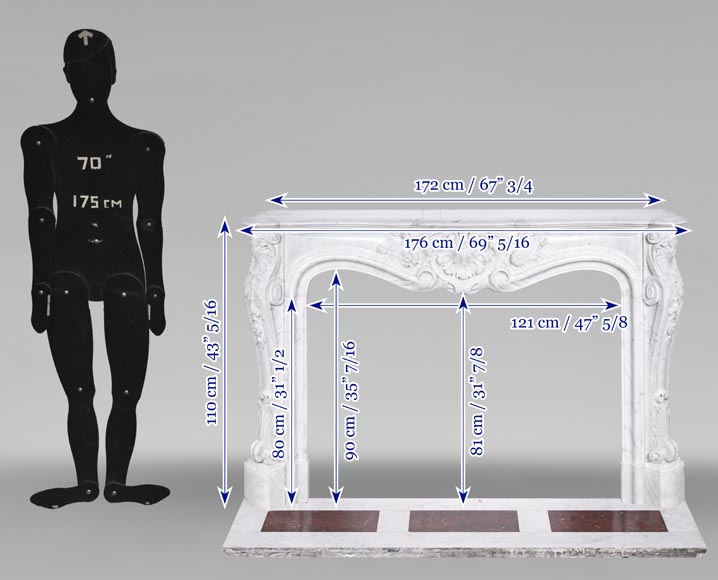 A highly sculpted Louis XV style fireplace in Carrara marble, decorated with a shell motif. A highly sculpted Louis XV style fireplace in Carrara marble, decorated with a shell motif.-17