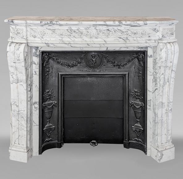 Louis XVI style mantel with curved entablature decorated with macaroons in Arabescato marble Louis XVI style mantel with curved entablature decorated with macaroons in Arabescato marble-0