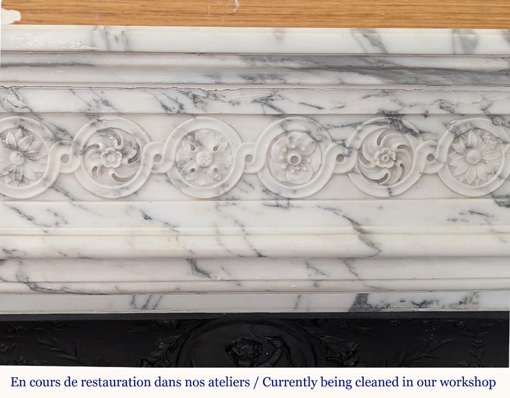 Louis XVI style mantel with curved entablature decorated with macaroons in Arabescato marble Louis XVI style mantel with curved entablature decorated with macaroons in Arabescato marble-1