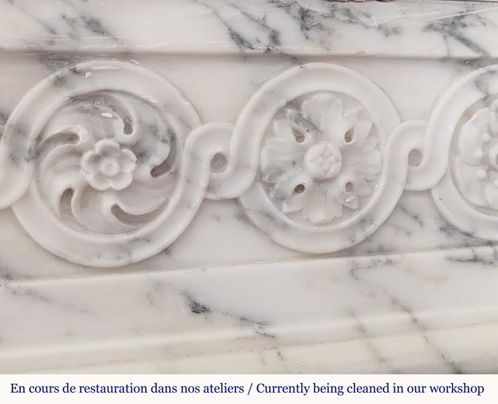Louis XVI style mantel with curved entablature decorated with macaroons in Arabescato marble Louis XVI style mantel with curved entablature decorated with macaroons in Arabescato marble-2