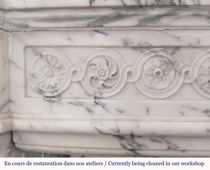 Louis XVI style mantel with curved entablature decorated with macaroons in Arabescato marble Louis XVI style mantel with curved entablature decorated with macaroons in Arabescato marble-3
