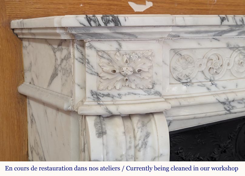 Louis XVI style mantel with curved entablature decorated with macaroons in Arabescato marble Louis XVI style mantel with curved entablature decorated with macaroons in Arabescato marble-5