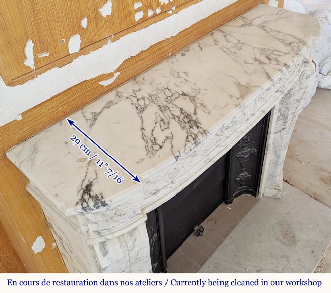 Louis XVI style mantel with curved entablature decorated with macaroons in Arabescato marble Louis XVI style mantel with curved entablature decorated with macaroons in Arabescato marble-10