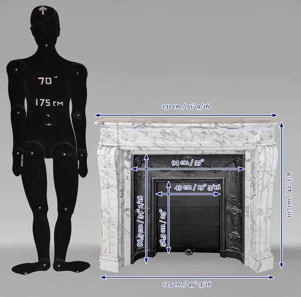 Louis XVI style mantel with curved entablature decorated with macaroons in Arabescato marble Louis XVI style mantel with curved entablature decorated with macaroons in Arabescato marble-11