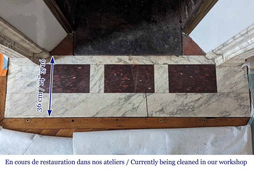 Louis XVI style mantel with curved flutes and carved capitals in highly veined Arabescato marble Louis XVI style mantel with curved flutes and carved capitals in highly veined Arabescato marble-11