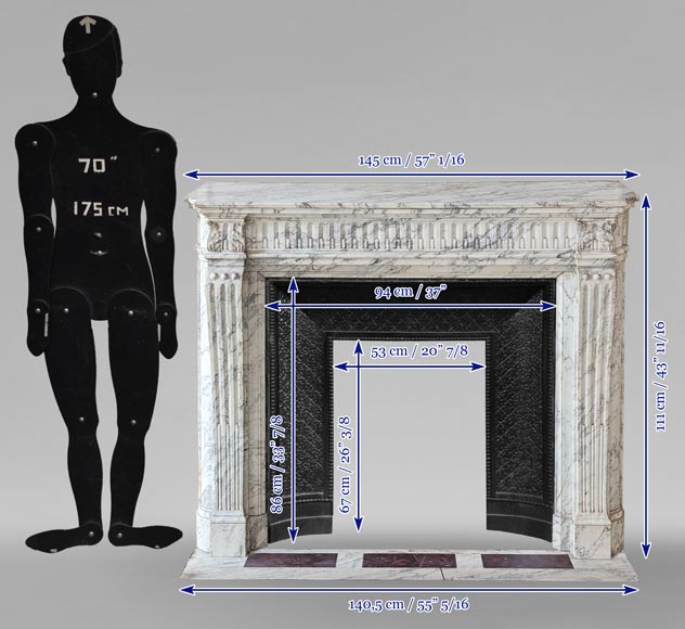 Louis XVI style mantel with curved flutes and carved capitals in highly veined Arabescato marble Louis XVI style mantel with curved flutes and carved capitals in highly veined Arabescato marble-13