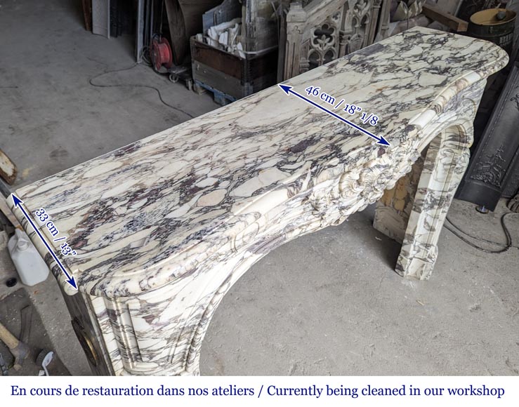 Large Regency-style mantel richly carved in violet breche marble Large Regency-style mantel richly carved in violet breche marble-13