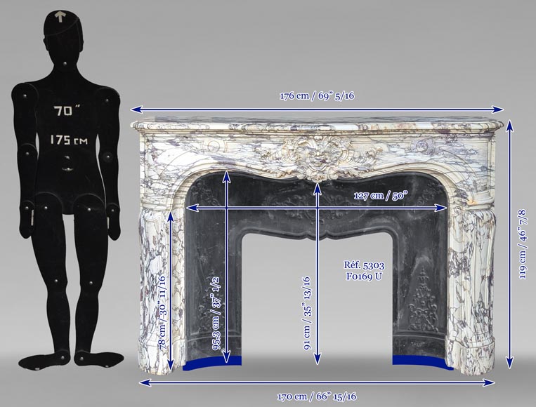 Large Regency-style mantel richly carved in violet breche marble Large Regency-style mantel richly carved in violet breche marble-14