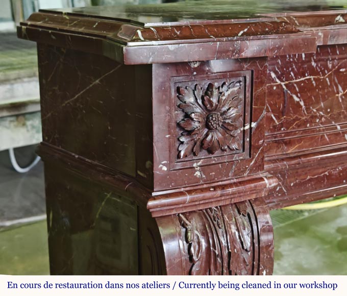 Louis XVI style mantel with rosette carved in red marble Louis XVI style mantel with rosette carved in red marble-3