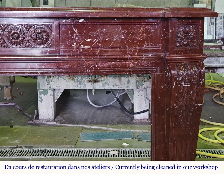 Louis XVI style mantel with rosette carved in red marble Louis XVI style mantel with rosette carved in red marble-7