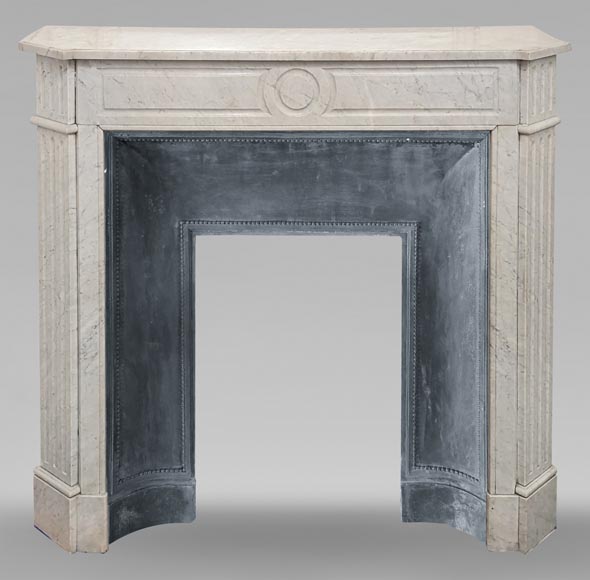 Carved Carrara marble Louis XVI mantel with canted corners Carved Carrara marble Louis XVI mantel with canted corners-0