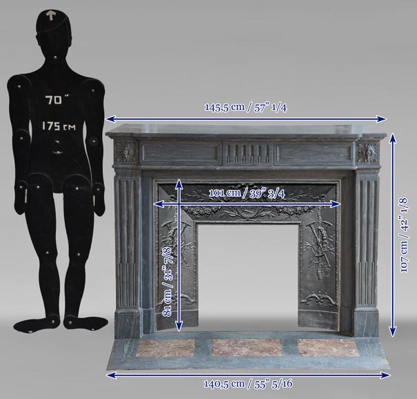 Louis XVI style mantel with curved flutes adorned with rosettes carved in Turquin marble Louis XVI style mantel with curved flutes adorned with rosettes carved in Turquin marble-11