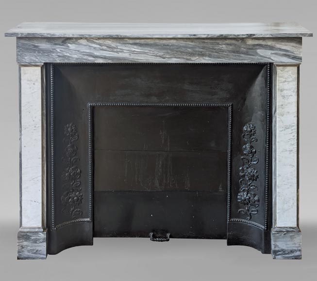 Louis XVI style two-tone mantel carved in Carrara and Turquin marble Louis XVI style two-tone mantel carved in Carrara and Turquin marble-0