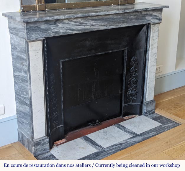 Louis XVI style two-tone mantel carved in Carrara and Turquin marble Louis XVI style two-tone mantel carved in Carrara and Turquin marble-2
