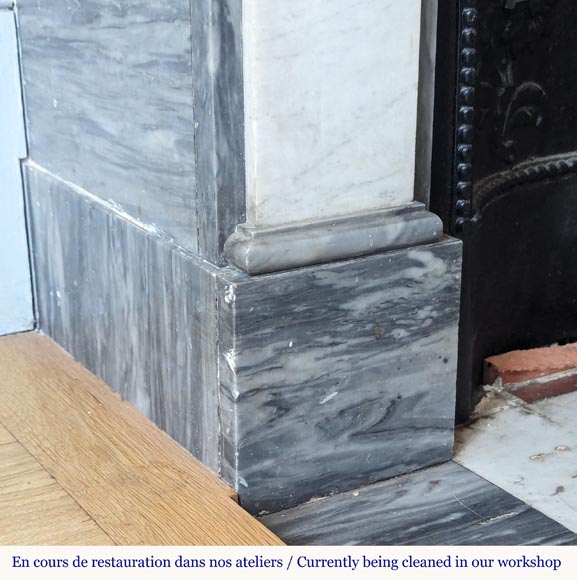 Louis XVI style two-tone mantel carved in Carrara and Turquin marble Louis XVI style two-tone mantel carved in Carrara and Turquin marble-4