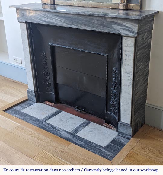 Louis XVI style two-tone mantel carved in Carrara and Turquin marble Louis XVI style two-tone mantel carved in Carrara and Turquin marble-5